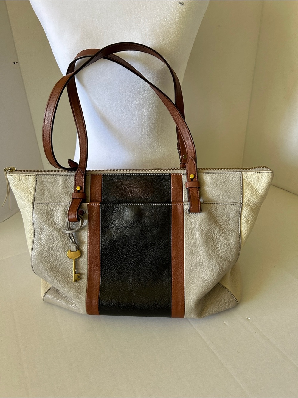 FOSSIL TRICOLOR RACHEL LEATHER TOTE BAG WITH KEY CHARM….